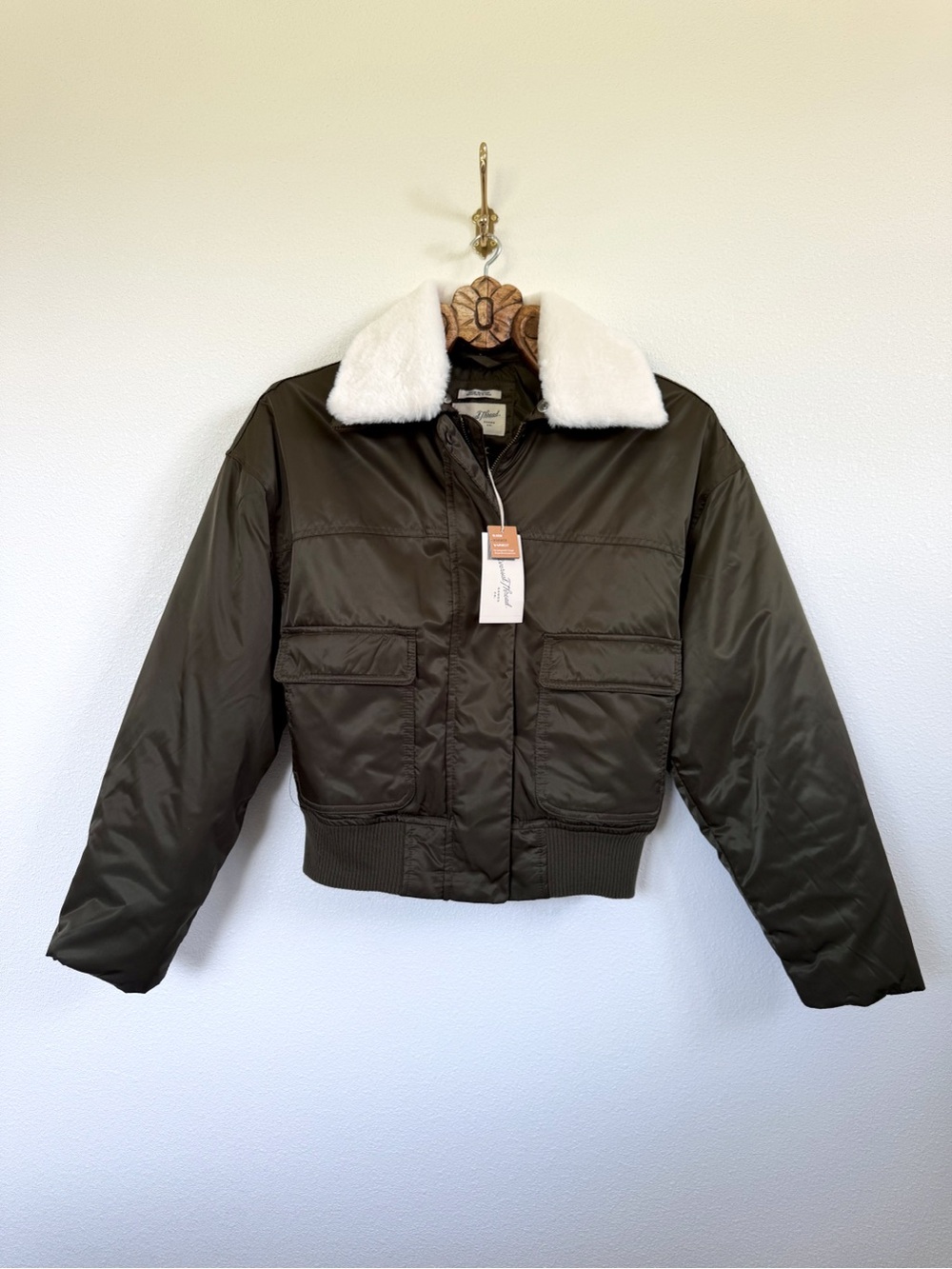 Woman’s Olive Green Bomber Jacket with White Sherpa Collar